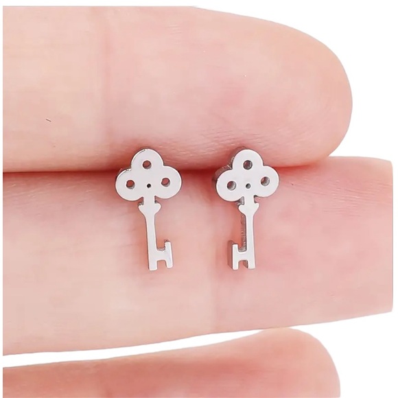 Mini Stainless Steel Silver Key Stud Earrings - Picture 2 of 5